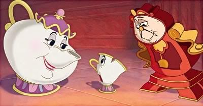 Mrs. Potts, Chip, and Cogsworth a still from Disney's Beauty and the Beast; Mrs. Potts, Chip, and Cogsworth